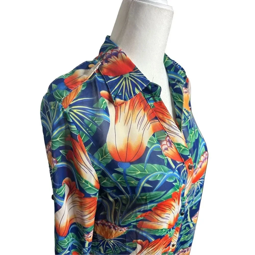 Grifflin Paris Tropical Floral Blue Long Bathing Suit Cover Up Size Small Women'